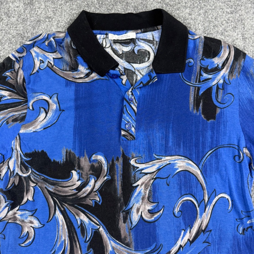 Versace Collection Polo Shirt Mens Large Blue Baroque Scroll Print Short Sleeve